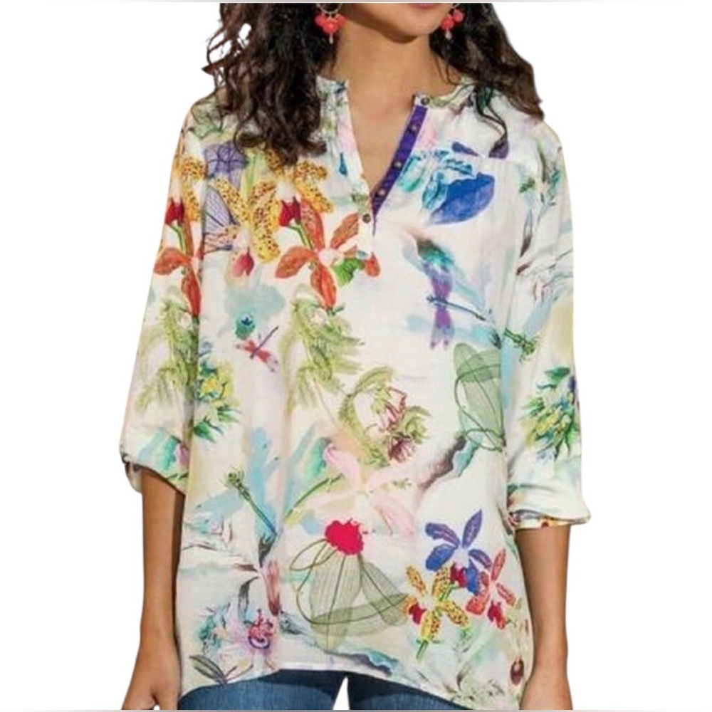 Soft Surroundings Cream Floral Watercolor V-Neck Tunic